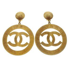 Chanel Dangle Hoop Earrings Clip-On Gold